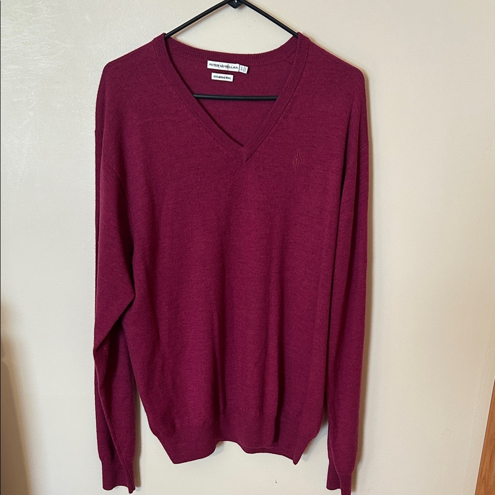 Peter Millar Sweater Men L 100% Merino Wool Red Golf V Neck Pull Over